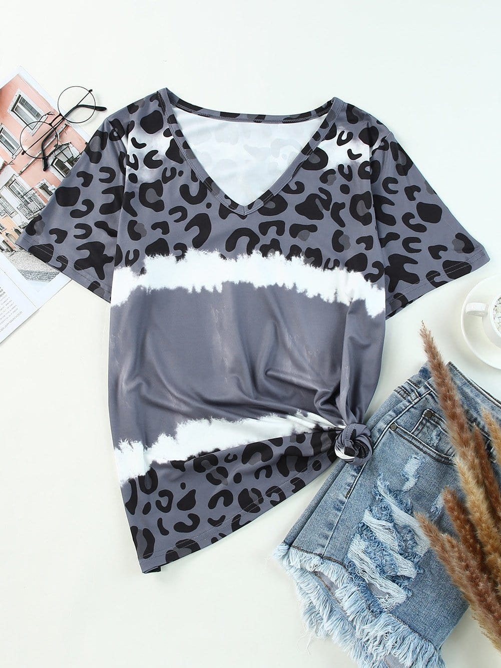 Gray Leopard Tie Dye V-Neck Casual Top