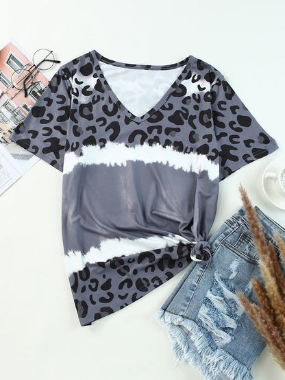Gray Leopard Tie Dye V-Neck Casual Top