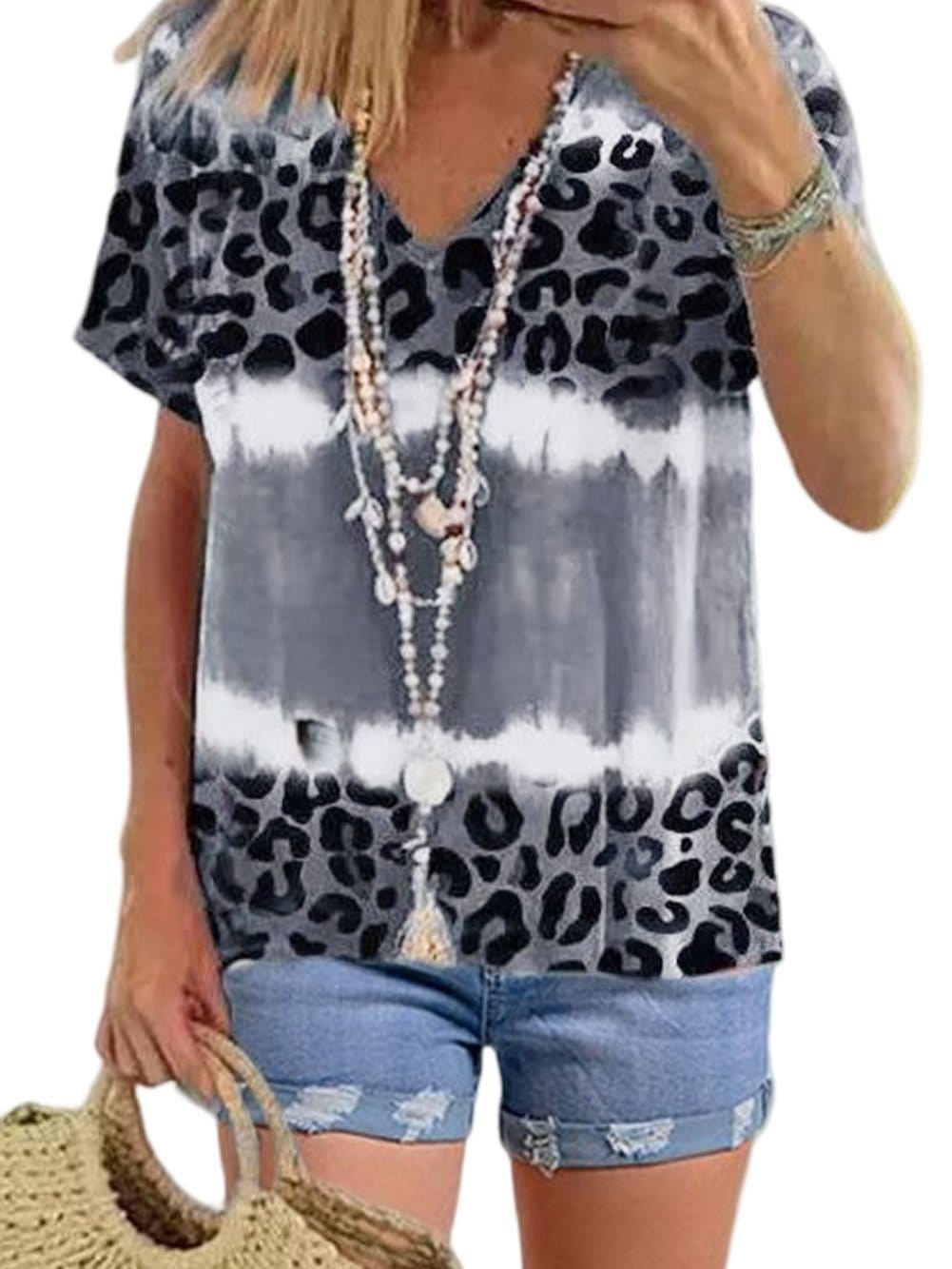 Gray Leopard Tie Dye V-Neck Casual Top