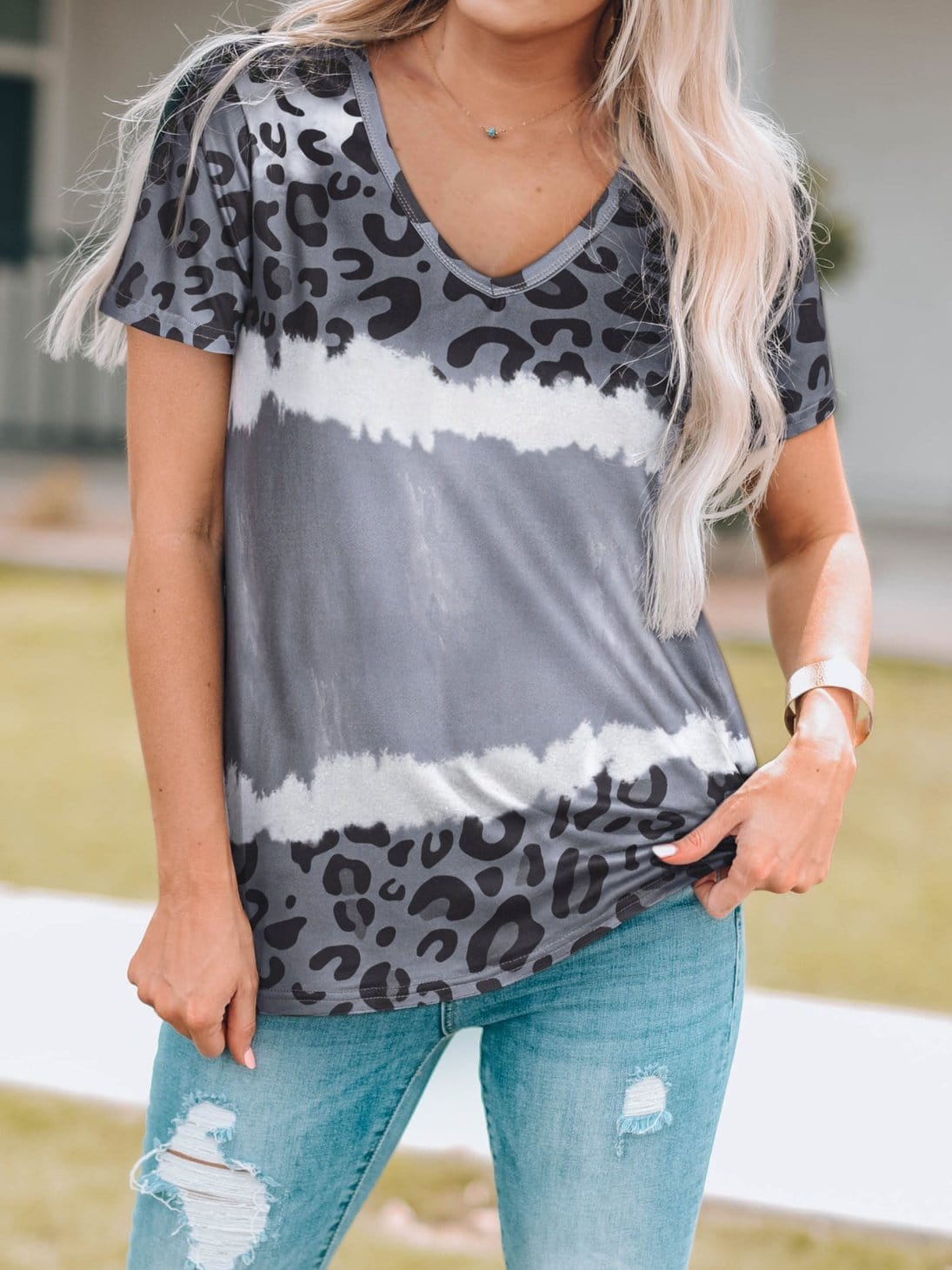 Gray Leopard Tie Dye V-Neck Casual Top