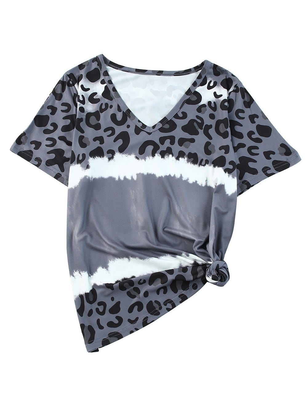 Gray Leopard Tie Dye V-Neck Casual Top