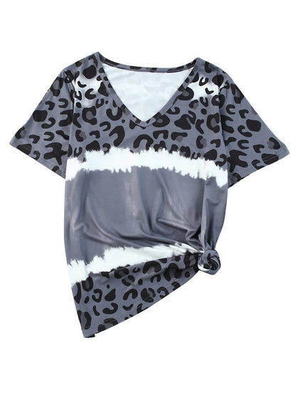Gray Leopard Tie Dye V-Neck Casual Top