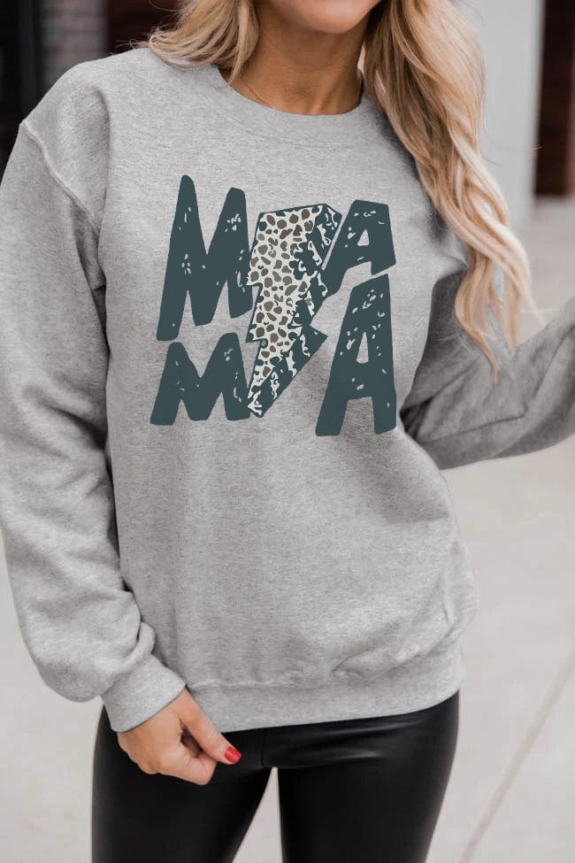 Gray Lightning Leopard Print "MAMA" Long Sleeve Sweatshirt