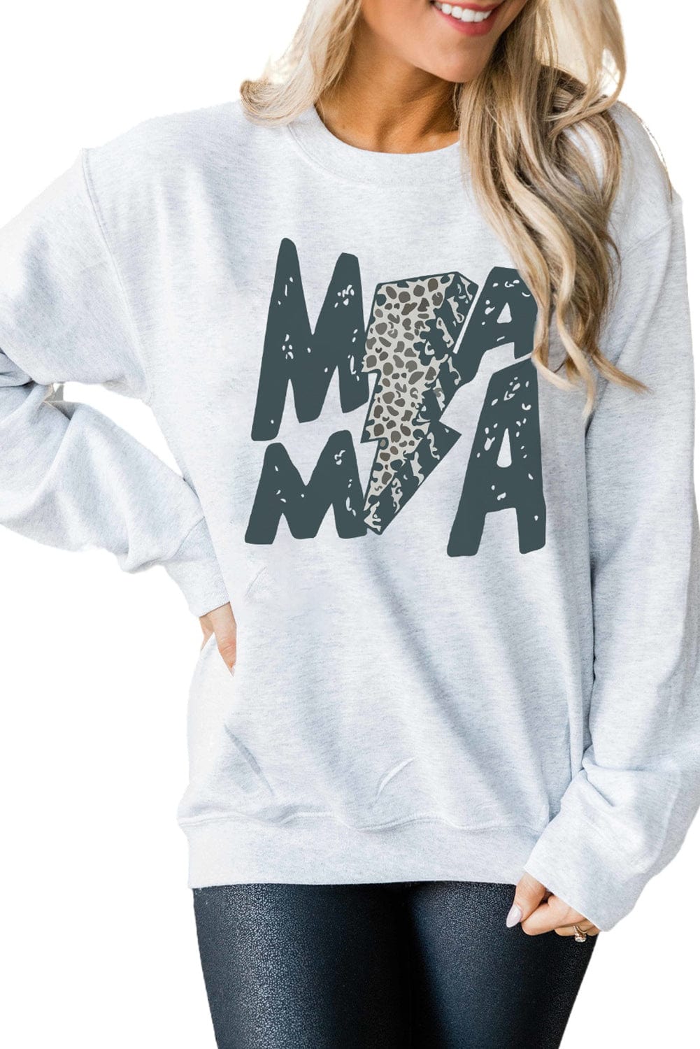 Gray Lightning Leopard Print "MAMA" Long Sleeve Sweatshirt