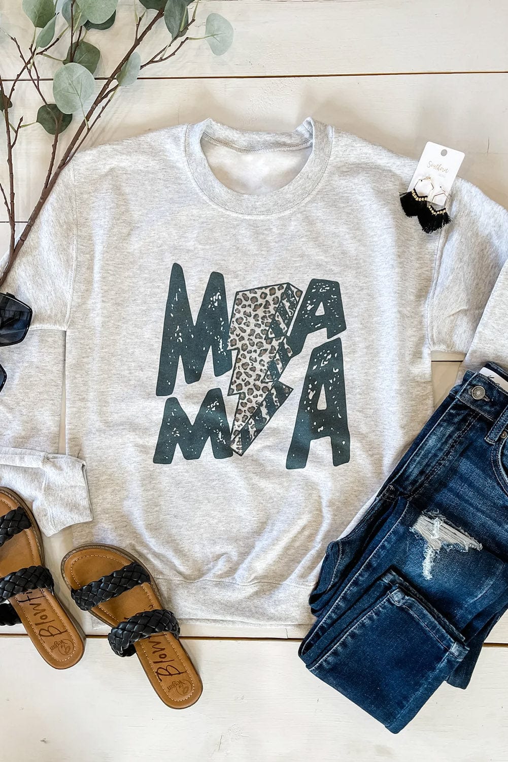 Gray Lightning Leopard Print "MAMA" Long Sleeve Sweatshirt