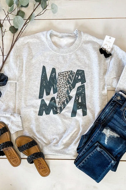 Gray Lightning Leopard Print "MAMA" Long Sleeve Sweatshirt