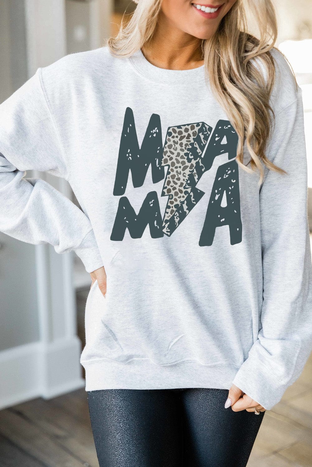 Gray Lightning Leopard Print "MAMA" Long Sleeve Sweatshirt