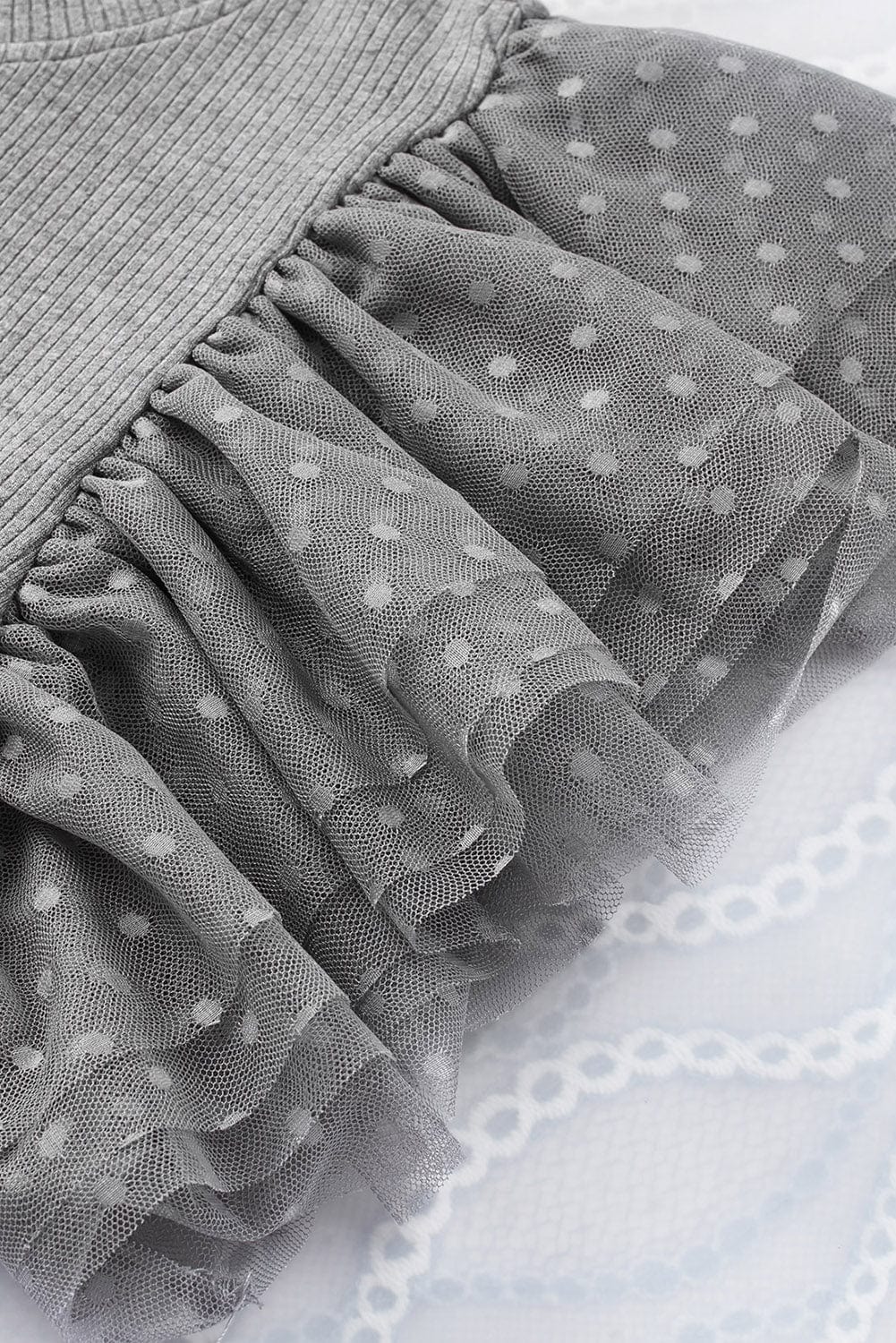 Gray Mesh Ruffle Sleeve Sheer Knit Top