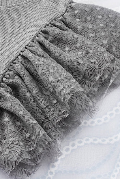 Gray Mesh Ruffle Sleeve Sheer Knit Top