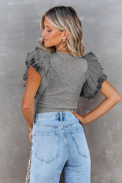 Gray Mesh Ruffle Sleeve Sheer Knit Top