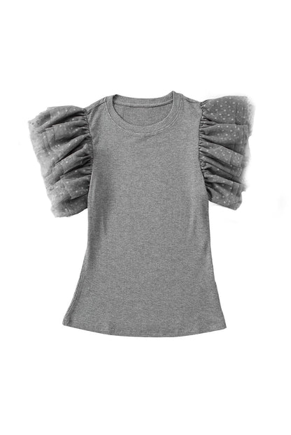 Gray Mesh Ruffle Sleeve Sheer Knit Top