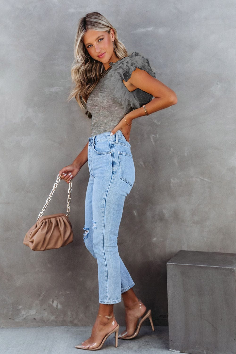 Gray Mesh Ruffle Sleeve Sheer Knit Top