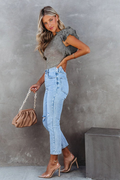 Gray Mesh Ruffle Sleeve Sheer Knit Top