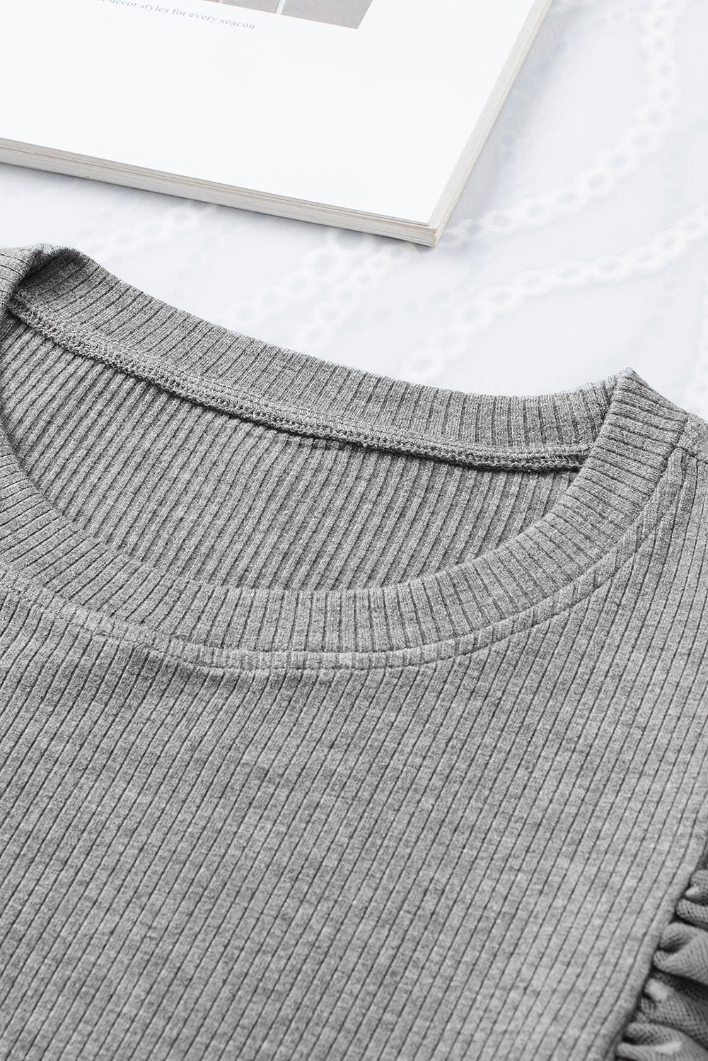 Gray Mesh Ruffle Sleeve Sheer Knit Top