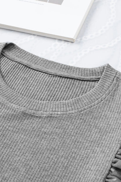 Gray Mesh Ruffle Sleeve Sheer Knit Top