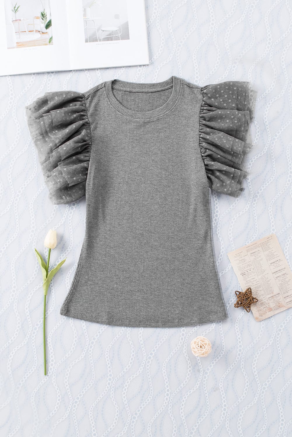 Gray Mesh Ruffle Sleeve Sheer Knit Top