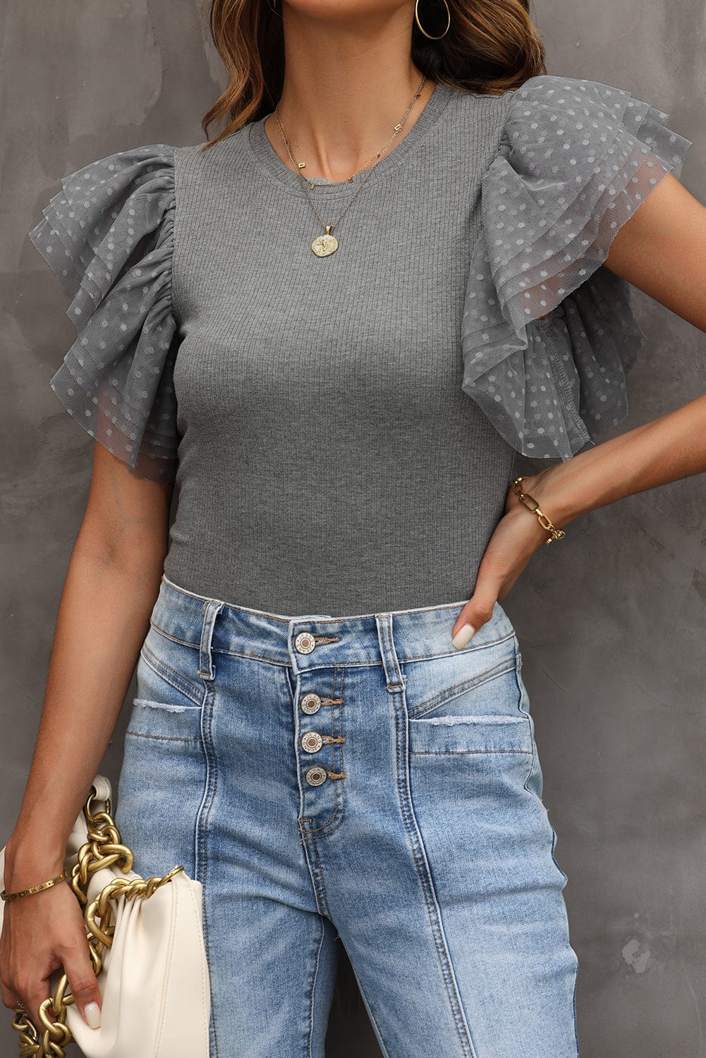 Gray Mesh Ruffle Sleeve Sheer Knit Top