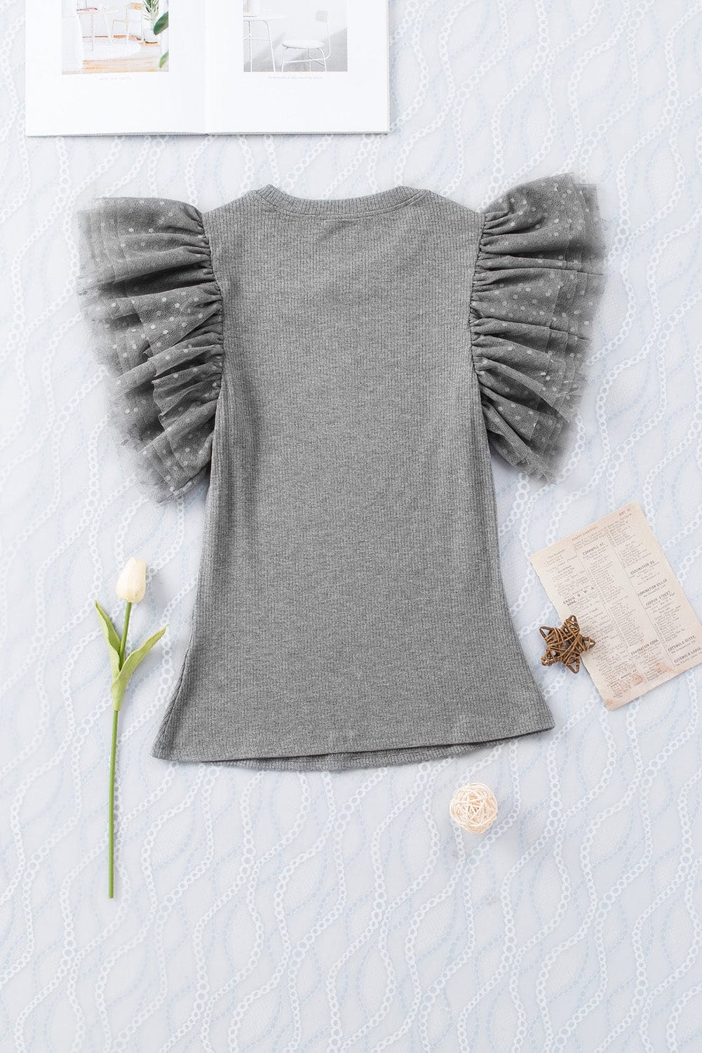 Gray Mesh Ruffle Sleeve Sheer Knit Top