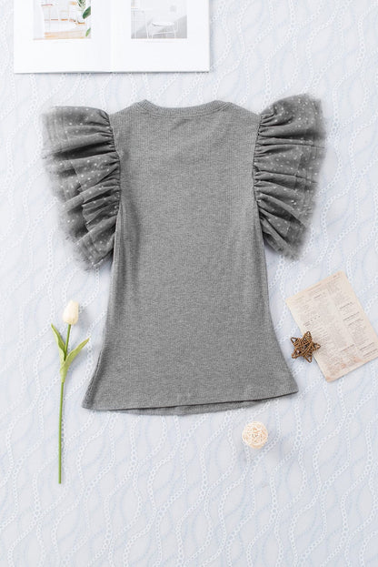 Gray Mesh Ruffle Sleeve Sheer Knit Top
