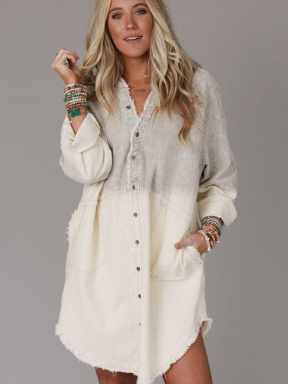 Gray Ombre Long Sleeve Distressed Denim Shirt Dress