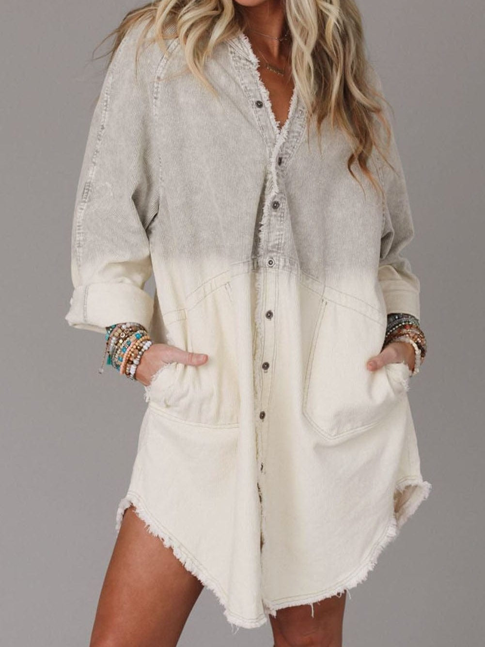Gray Ombre Long Sleeve Distressed Denim Shirt Dress