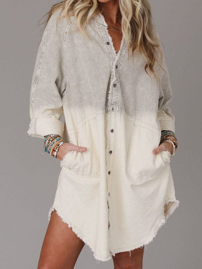 Gray Ombre Long Sleeve Distressed Denim Shirt Dress