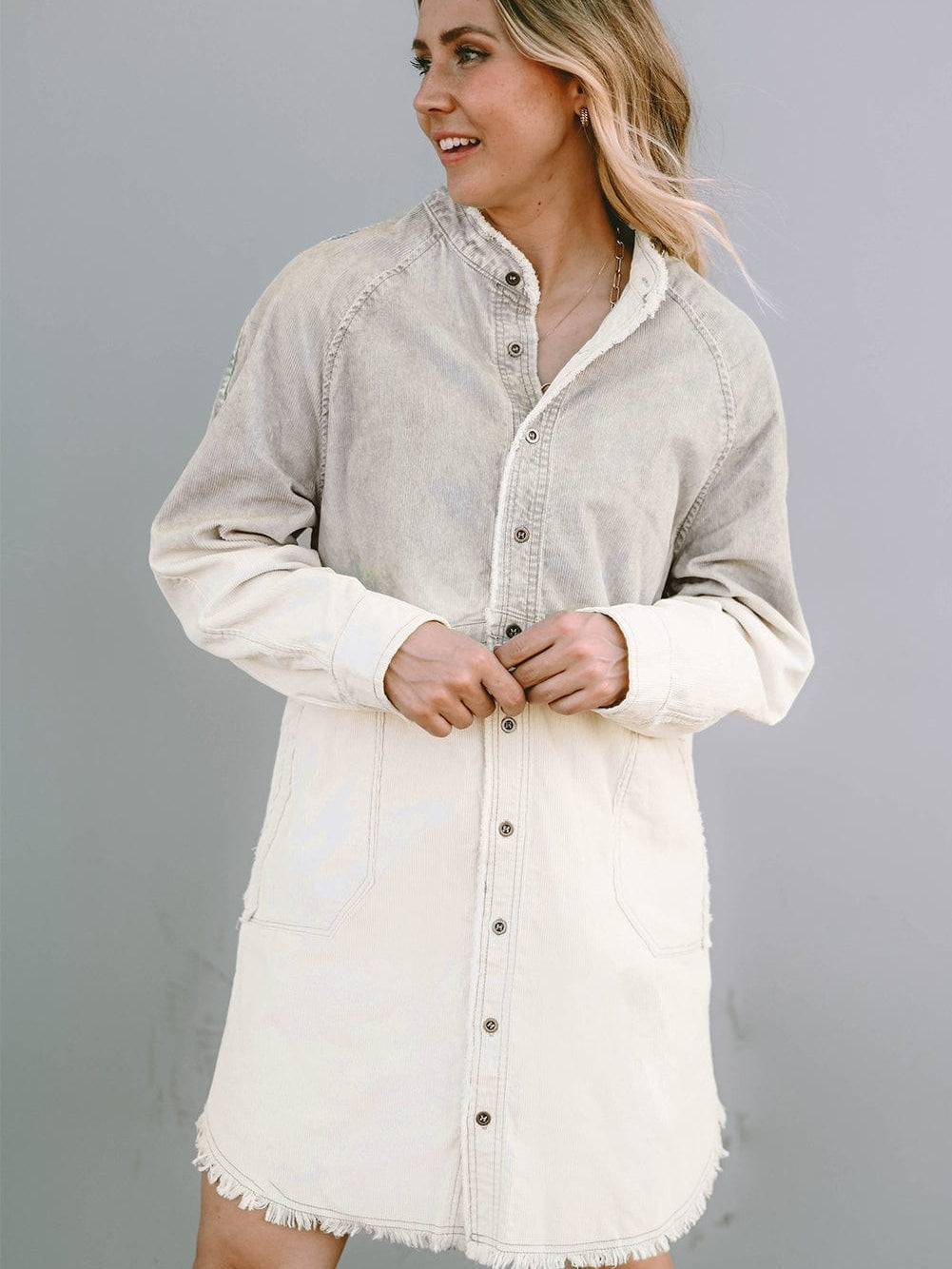 Gray Ombre Long Sleeve Distressed Denim Shirt Dress