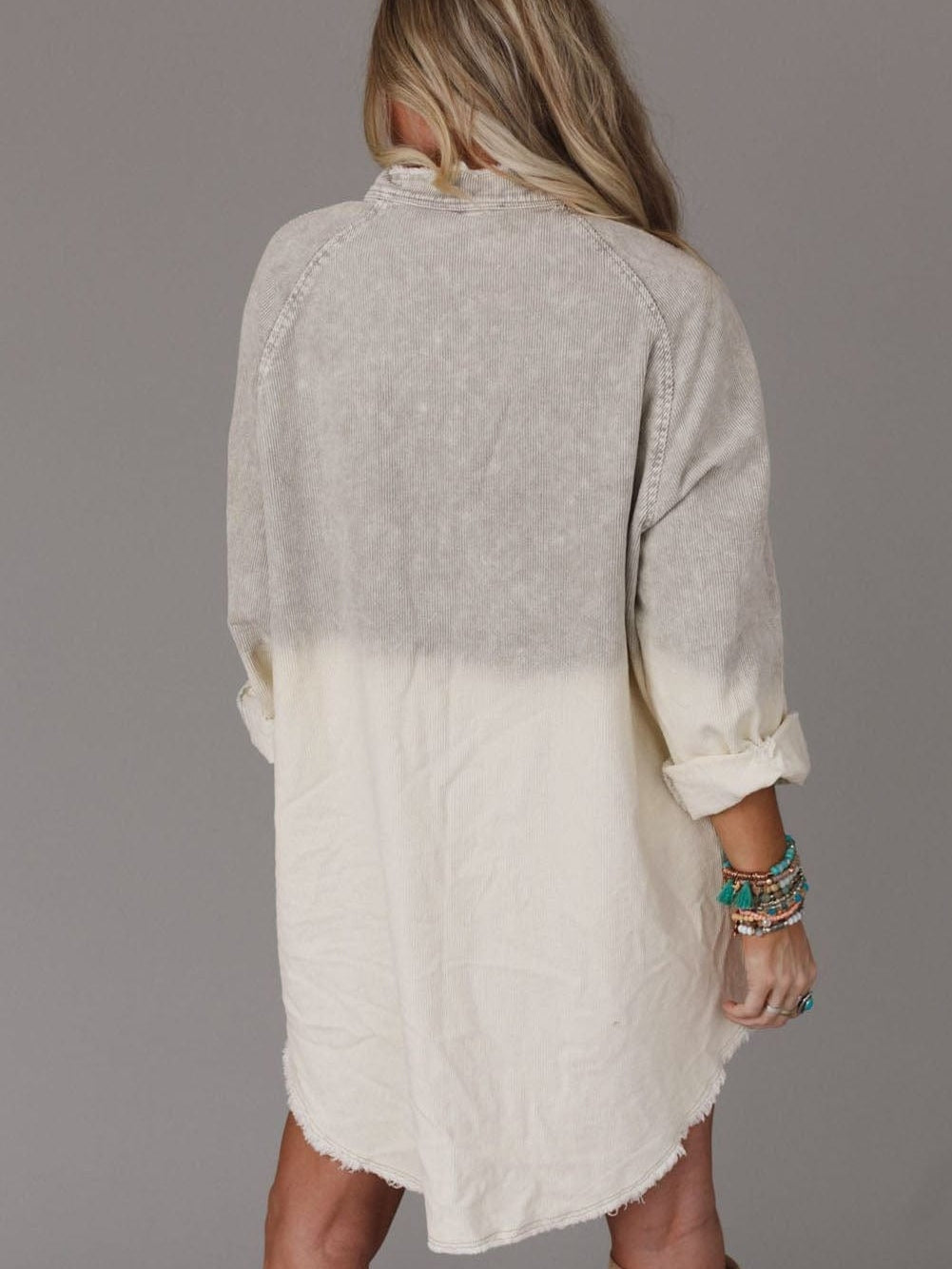 Gray Ombre Long Sleeve Distressed Denim Shirt Dress