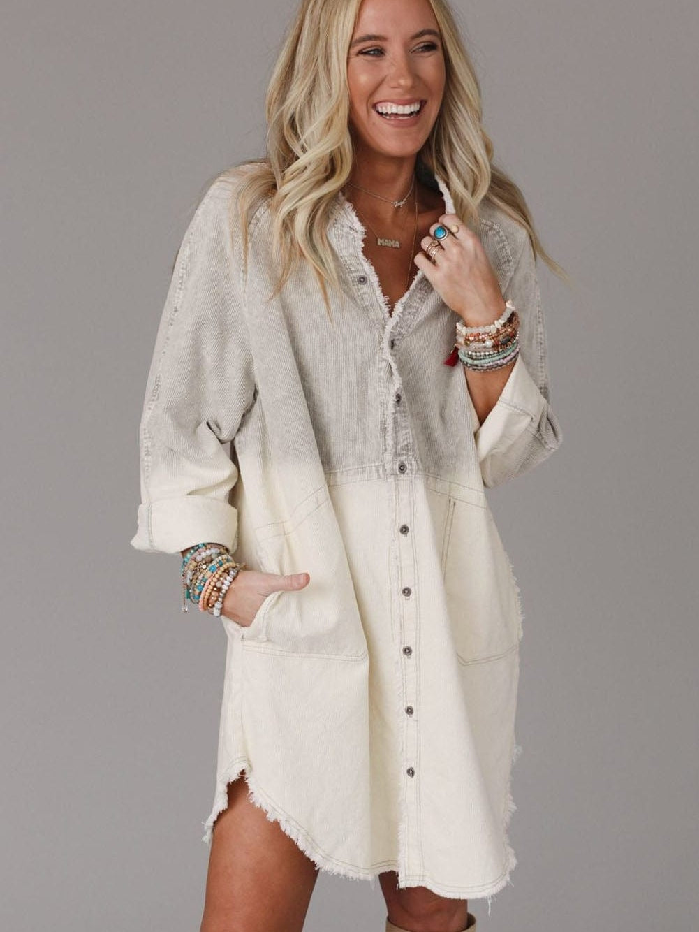 Gray Ombre Long Sleeve Distressed Denim Shirt Dress