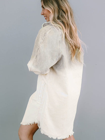 Gray Ombre Long Sleeve Distressed Denim Shirt Dress