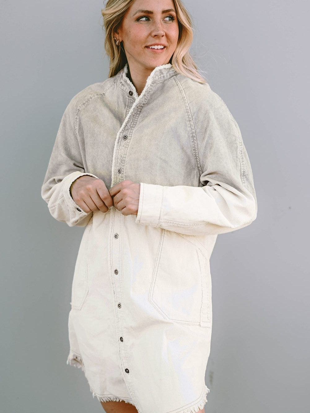 Gray Ombre Long Sleeve Distressed Denim Shirt Dress