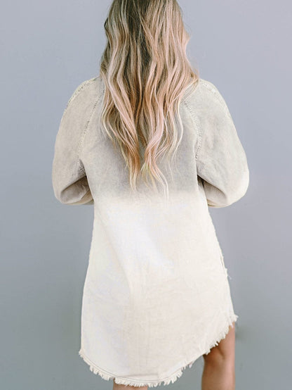 Gray Ombre Long Sleeve Distressed Denim Shirt Dress