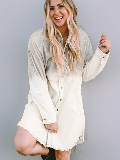 Gray Ombre Long Sleeve Distressed Denim Shirt Dress
