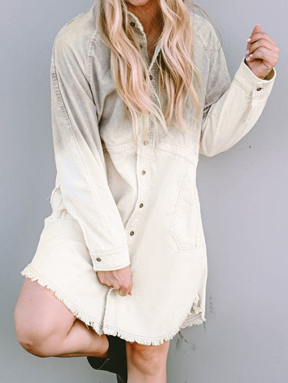 Gray Ombre Long Sleeve Distressed Denim Shirt Dress