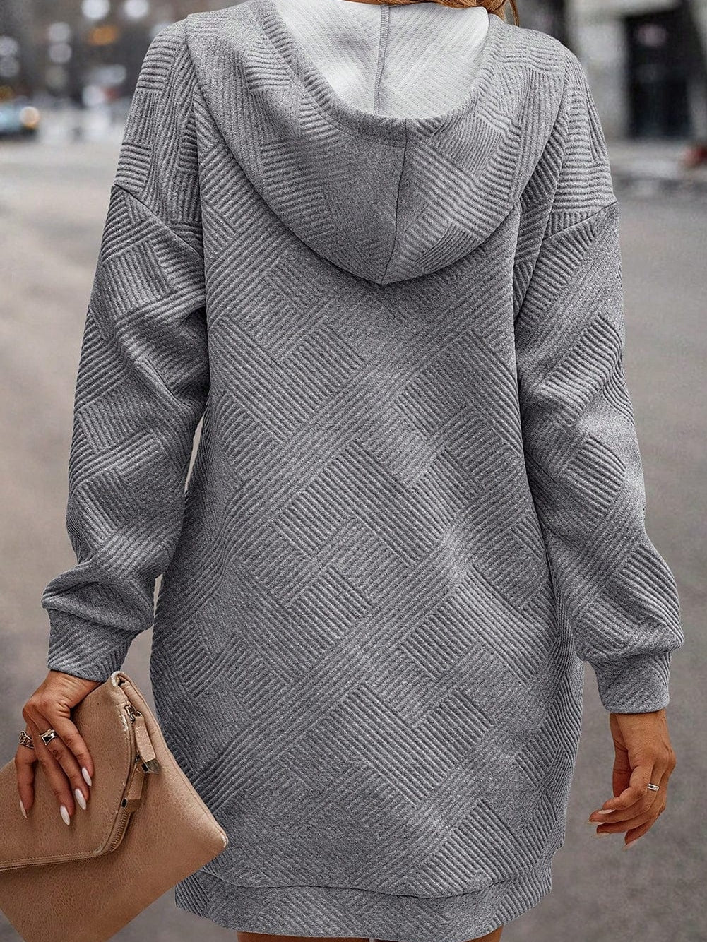 Gray Ribbed Hooded Mini Dress with Kangaroo Pocket