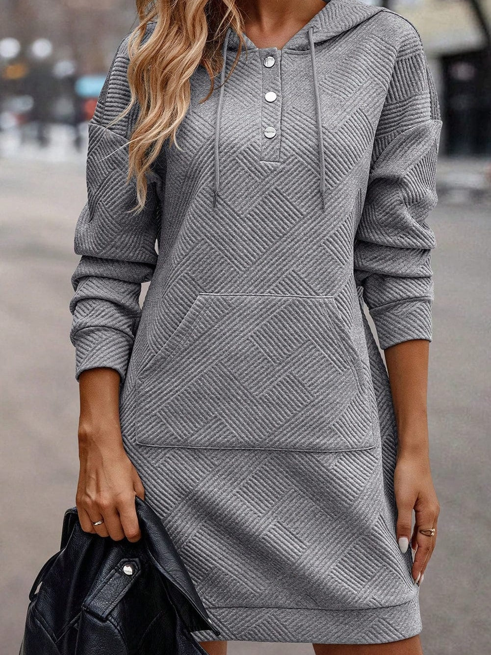 Gray Ribbed Hooded Mini Dress with Kangaroo Pocket