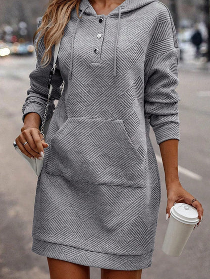 Gray Ribbed Hooded Mini Dress with Kangaroo Pocket