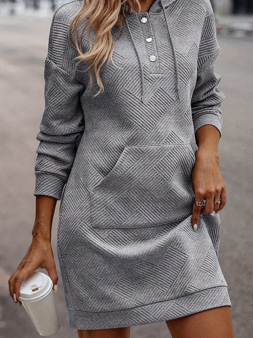 Gray Ribbed Hooded Mini Dress with Kangaroo Pocket