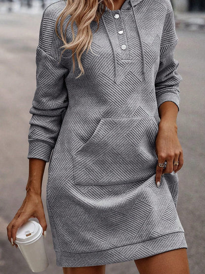 Gray Ribbed Hooded Mini Dress with Kangaroo Pocket