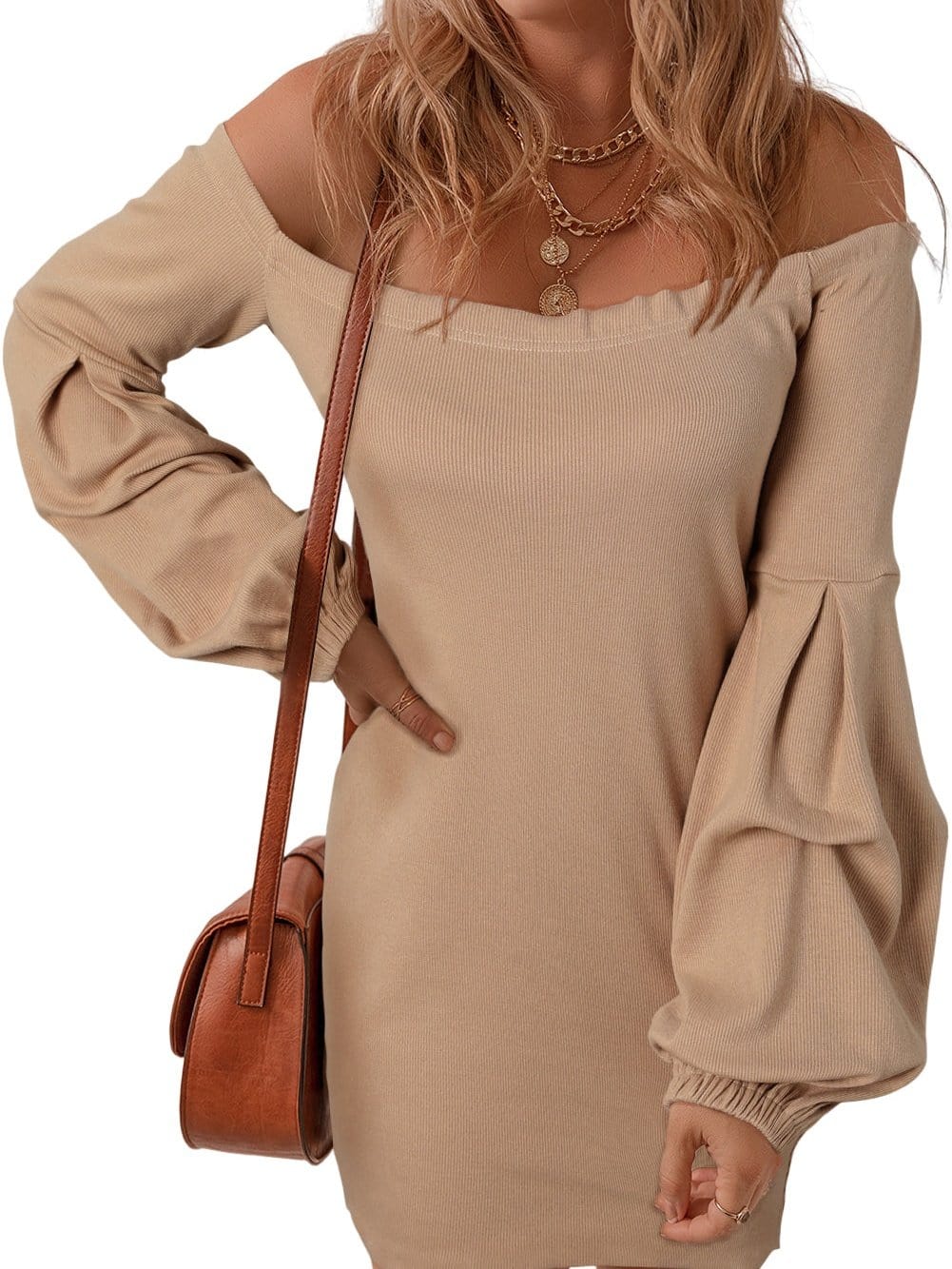 Gray Ribbed Knit Off-Shoulder Sweater Dress with Balloon Sleeves