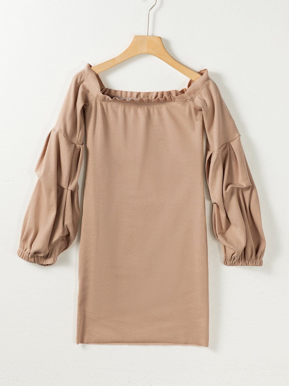 Gray Ribbed Knit Off-Shoulder Sweater Dress with Balloon Sleeves