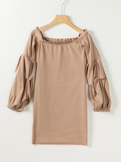 Gray Ribbed Knit Off-Shoulder Sweater Dress with Balloon Sleeves
