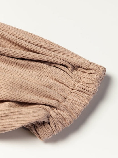 Gray Ribbed Knit Off-Shoulder Sweater Dress with Balloon Sleeves