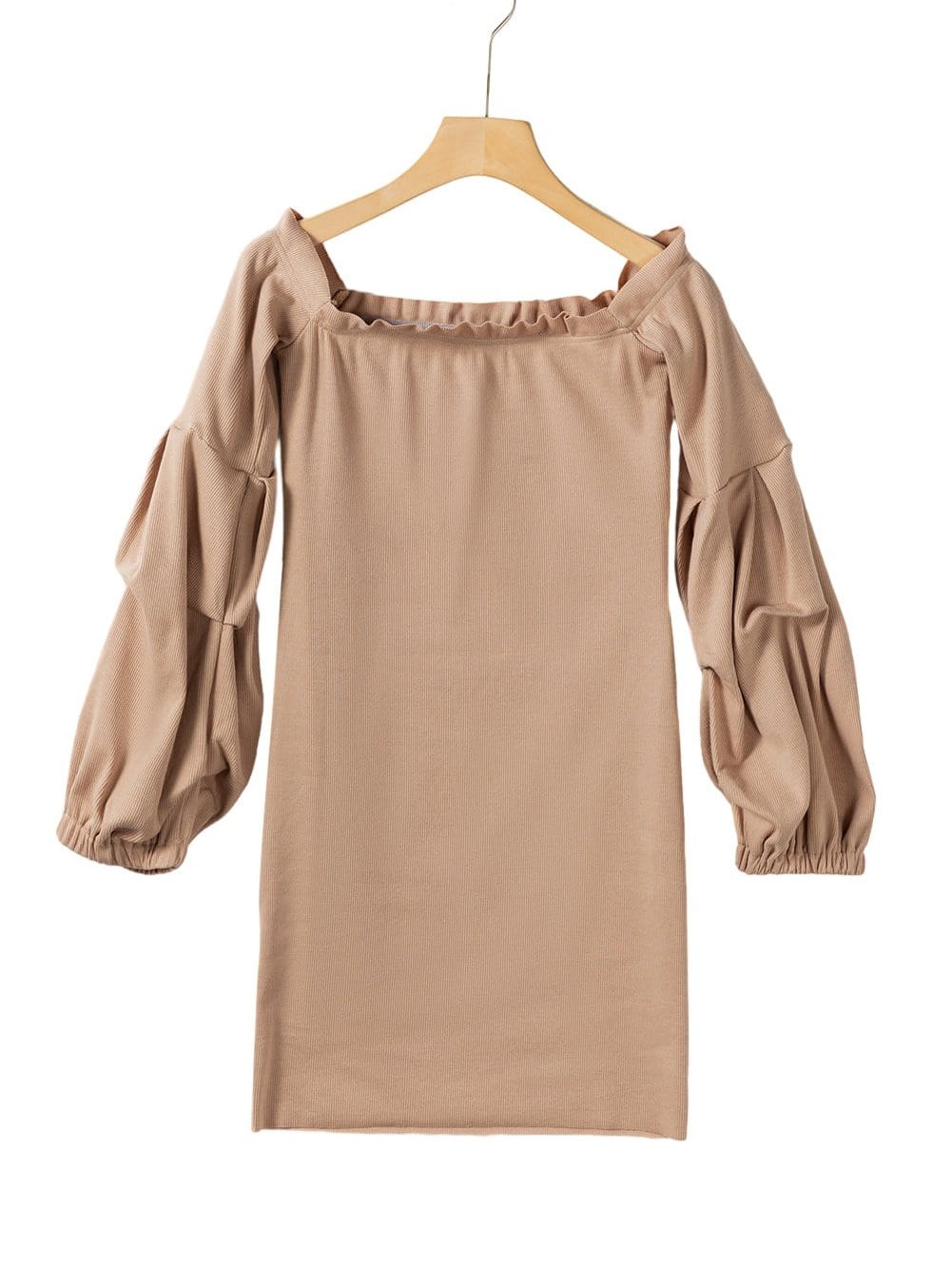 Gray Ribbed Knit Off-Shoulder Sweater Dress with Balloon Sleeves