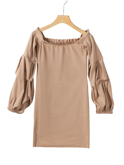 Gray Ribbed Knit Off-Shoulder Sweater Dress with Balloon Sleeves