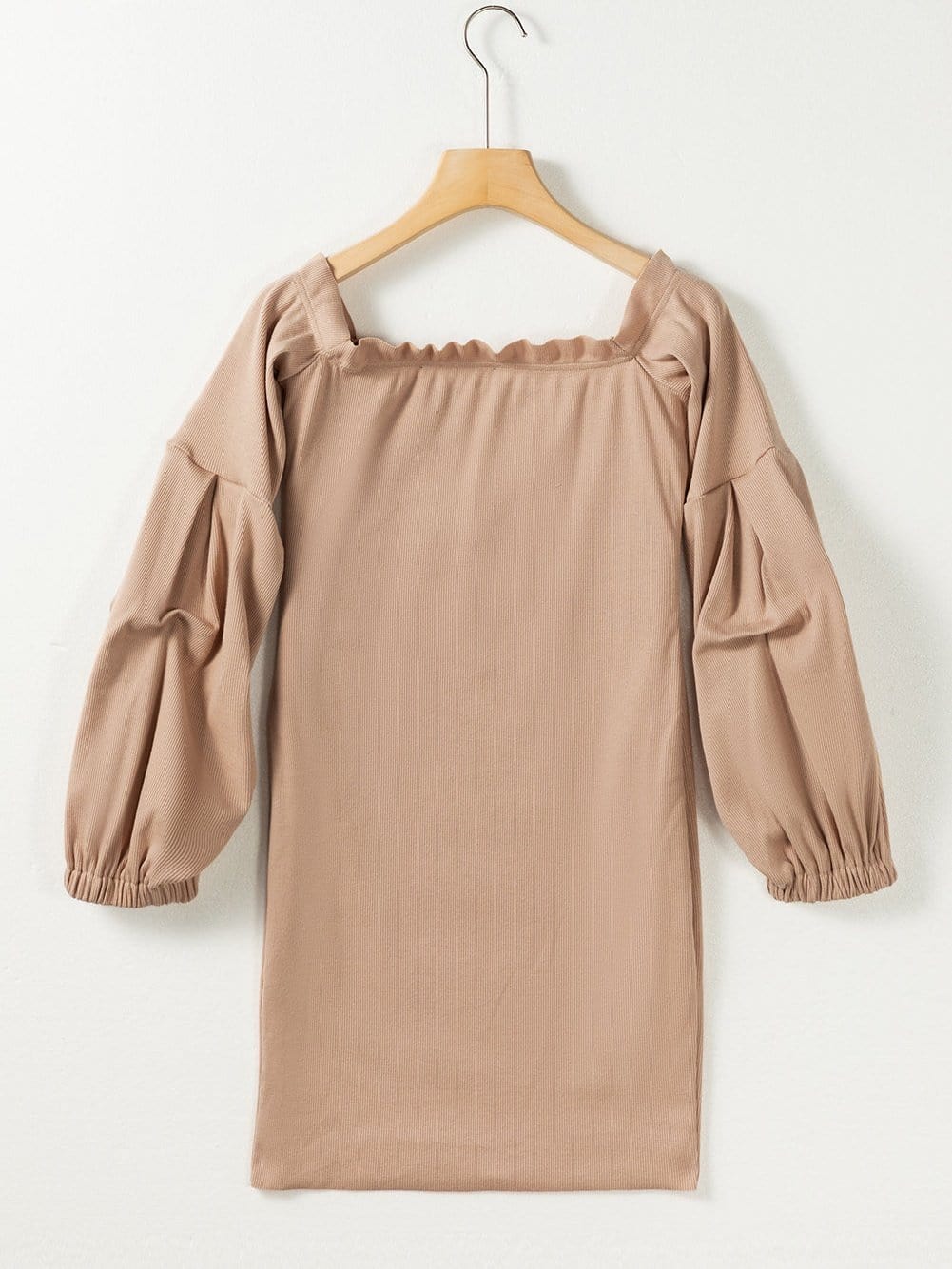 Gray Ribbed Knit Off-Shoulder Sweater Dress with Balloon Sleeves