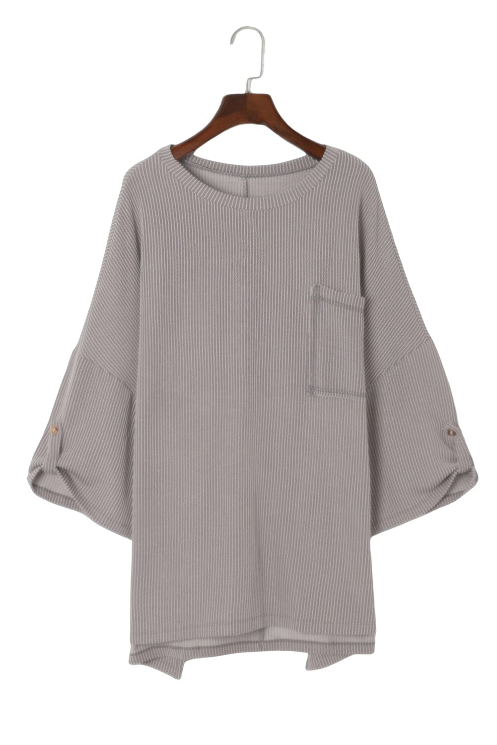 Gray Ribbed Oversized Top with Roll-tab Sleeves and Chest Pocket