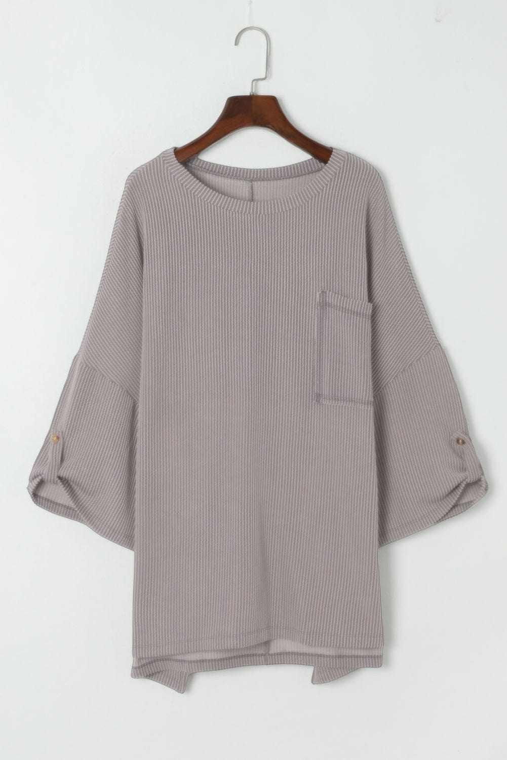 Gray Ribbed Oversized Top with Roll-tab Sleeves and Chest Pocket