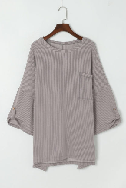 Gray Ribbed Oversized Top with Roll-tab Sleeves and Chest Pocket