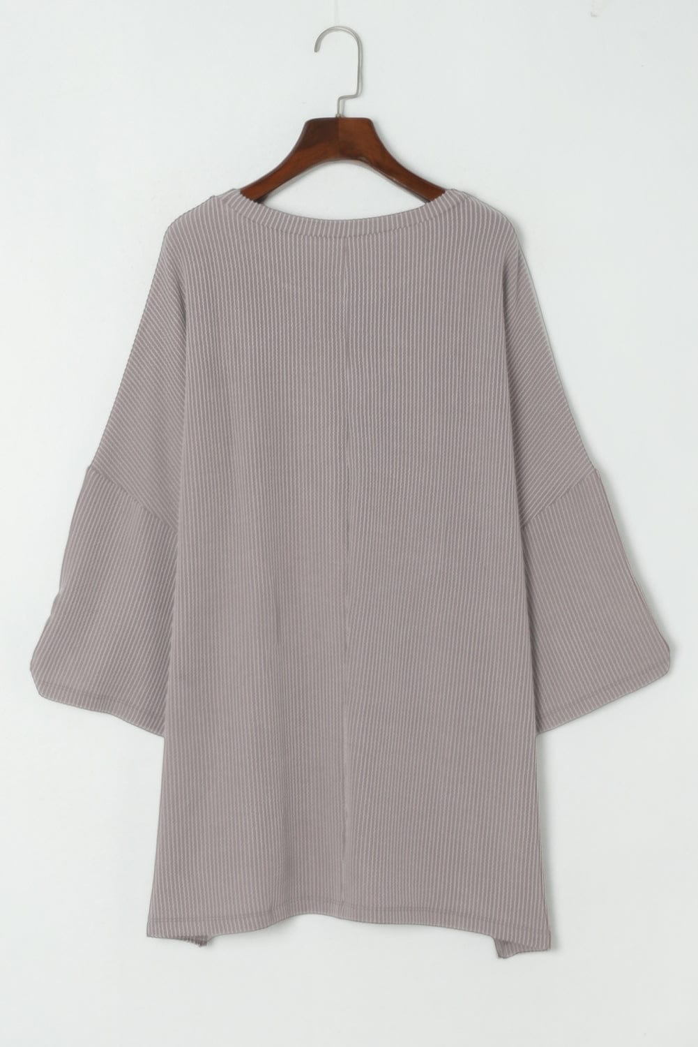 Gray Ribbed Oversized Top with Roll-tab Sleeves and Chest Pocket